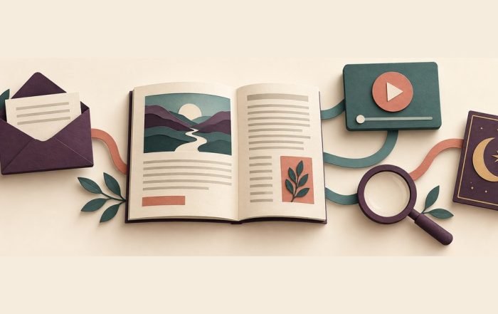 Paper-cut illustration connecting an open guide with email, video, search and a symbolic reading card