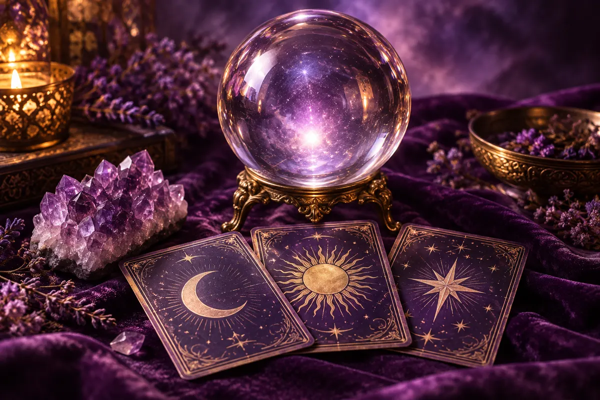 Crystal ball, tarot cards and amethyst crystals in purple and gold