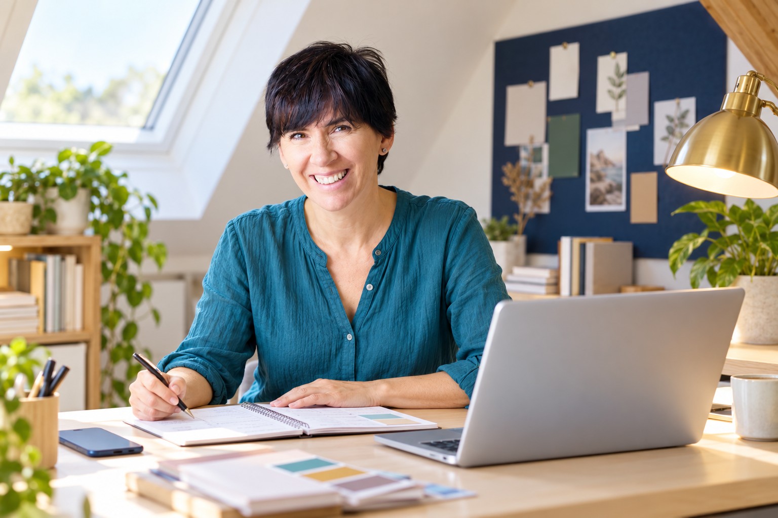 A woman planning an affiliate campaign with a laptop and notebook in a bright home office.