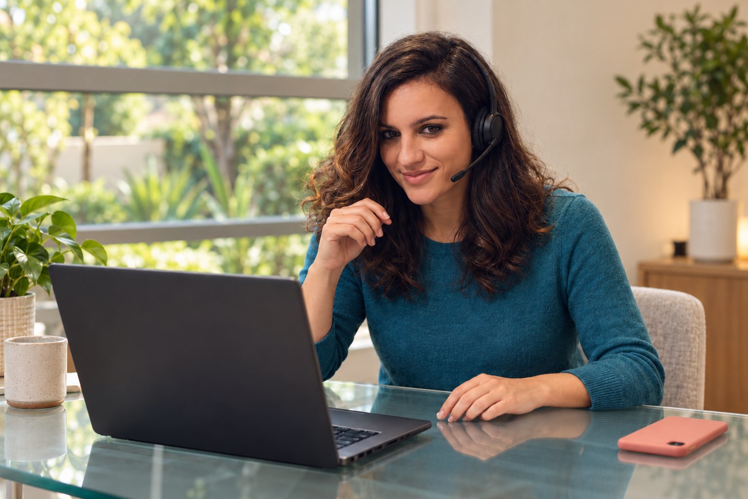 A woman wearing a headset beside a laptop in a garden-facing office.