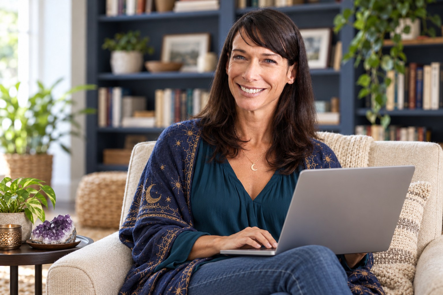 A woman in a teal blouse and celestial shawl using a modern laptop in a book-lined sitting room.