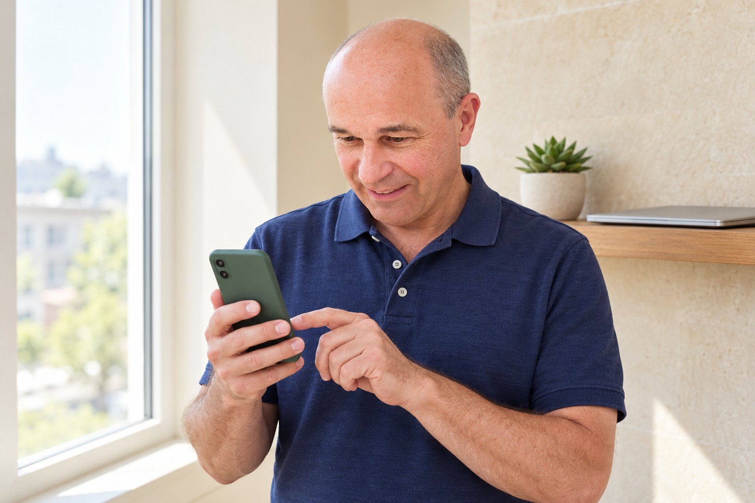 A man checking a modern smartphone in a bright window alcove.