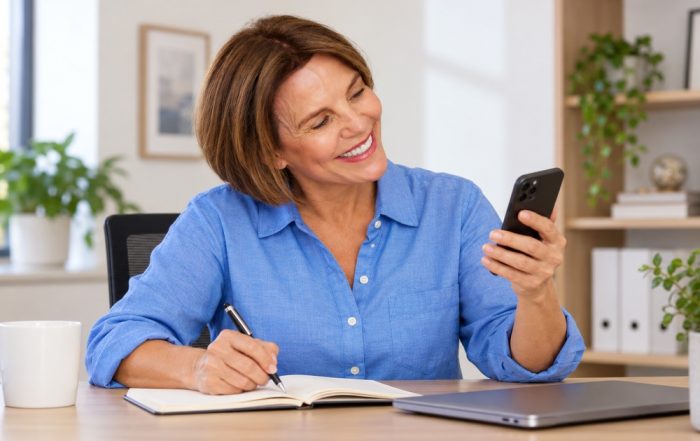 A woman tests a smartphone app while writing notes at an office desk.
