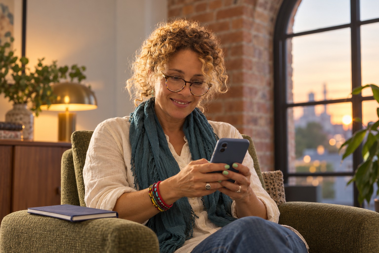 A woman reviewing information on a smartphone beside an arched window.