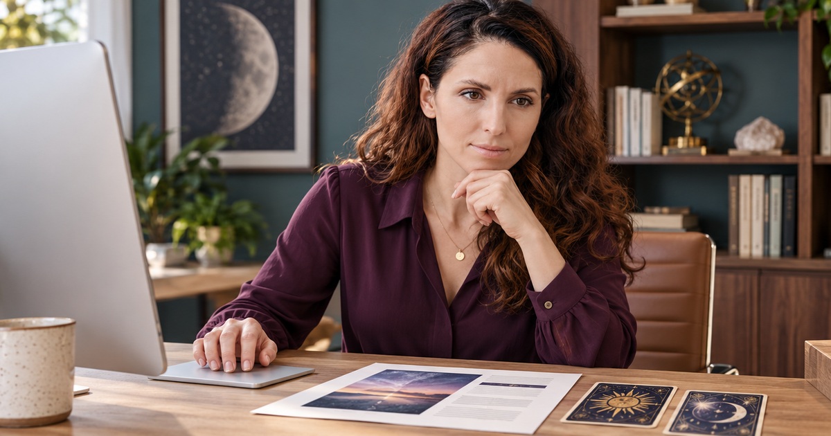 A woman reviewing a printed spiritual article beside a desktop computer in a teal and walnut studio.
