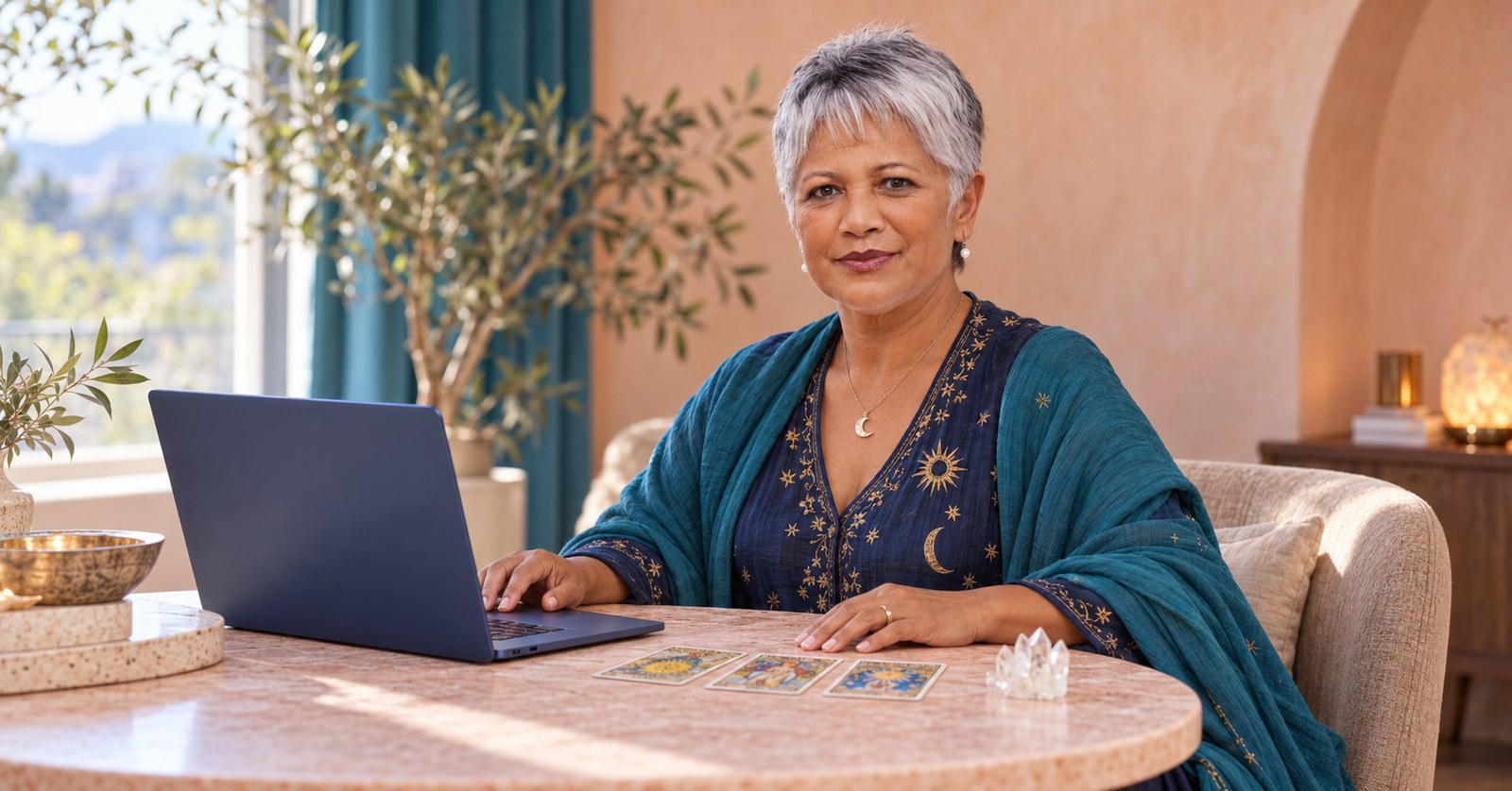 A mature woman using a modern laptop beside tarot cards and a quartz cluster in a reading studio.